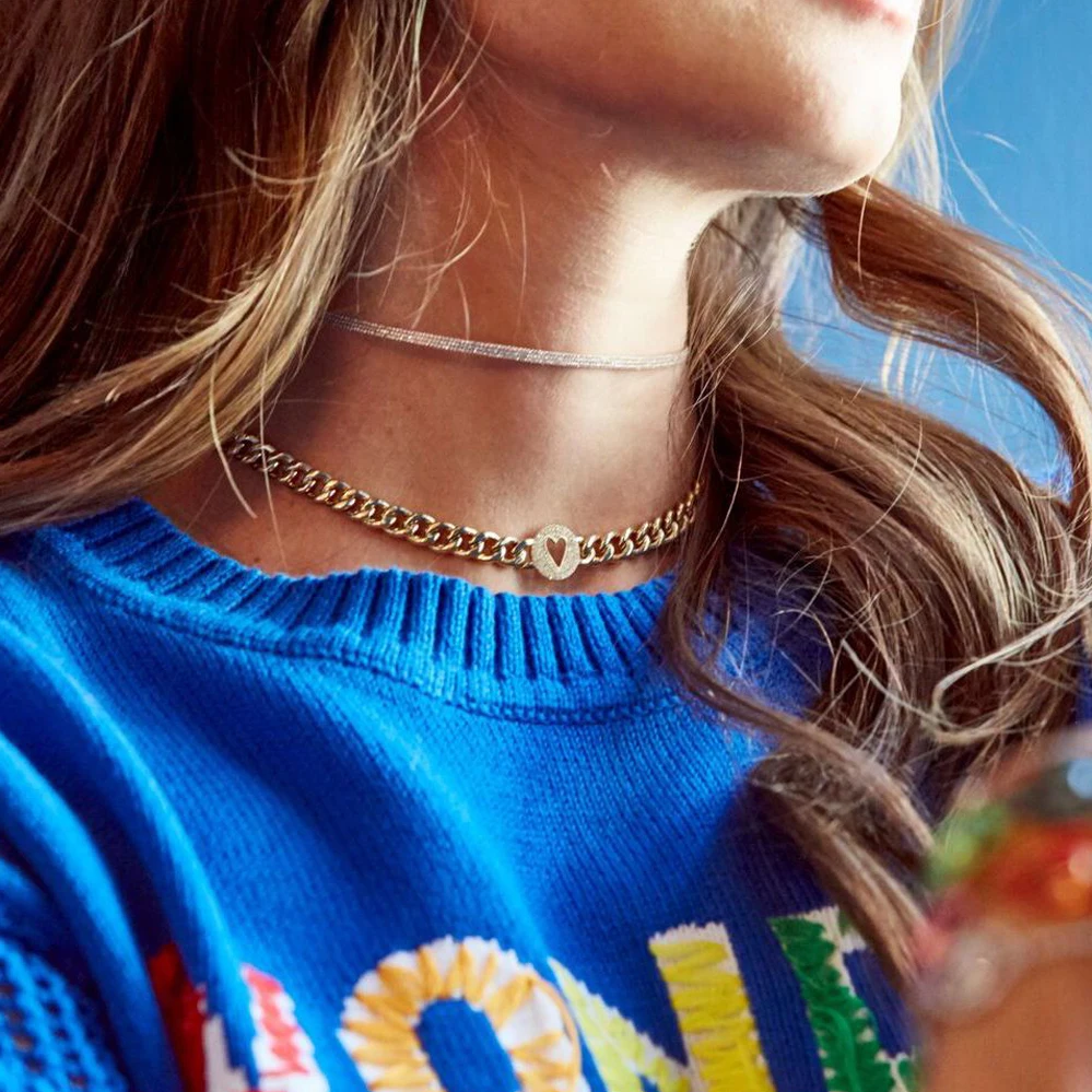 

wide curb cuban link chain choker women necklace Gold filled round Heart engraved tag chain necklaces jewelry