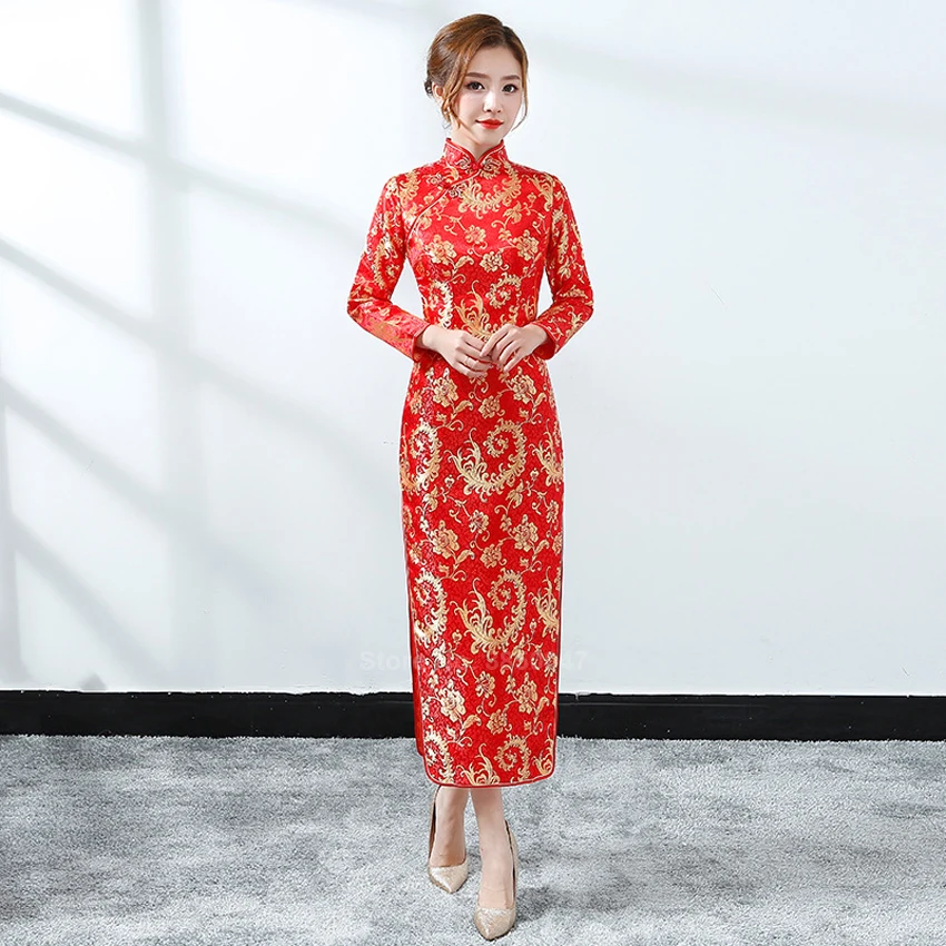 Китайское платье Элегантное свадебное атласное платье Ципао платье невесты Новогодняя одежда Традиционный китайский национальный костюм красные вечерние платья - Color: Color4