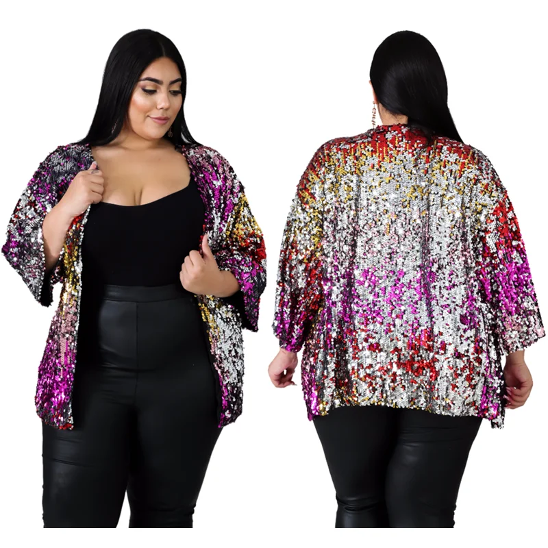 Tsuretobe Autumn Winter Plus Size Sequins Jacket Women Loose Long Sleeve Coats Streetwear Cardigan Coat Casual Outwear Tops Fema | Женская
