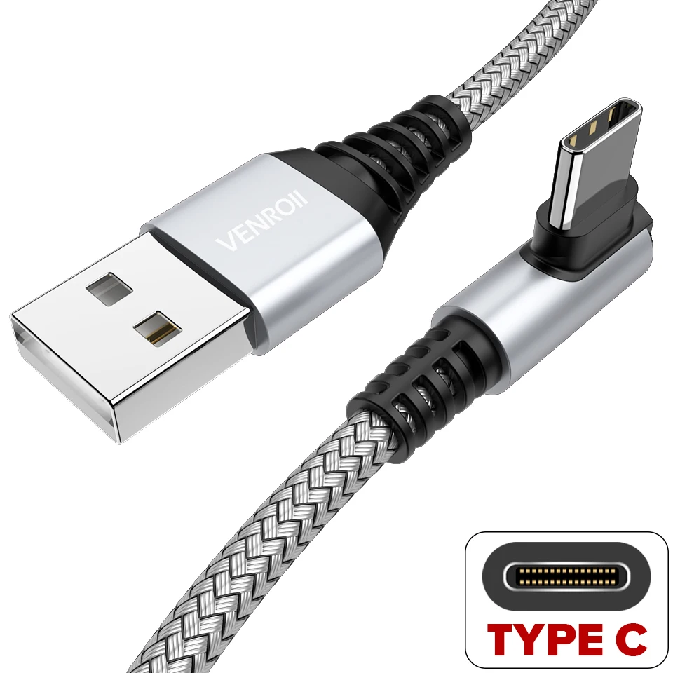Venroii Cable USB Type C for Samsung Galaxy S10 S9 S8 Plus Fast Charging Type-C Cable for Xiaomi Mi 8 9 Oneplus 6 Android Phone - Цвет: Silver 90 Degree
