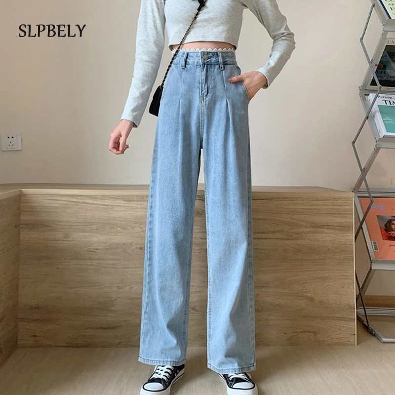 

SLPBELY High Waisted Lace Wide Leg Jean for Women Denim Pants Bottom Casual Chic Long Female Trousers Blue Jeans 2021 Spring