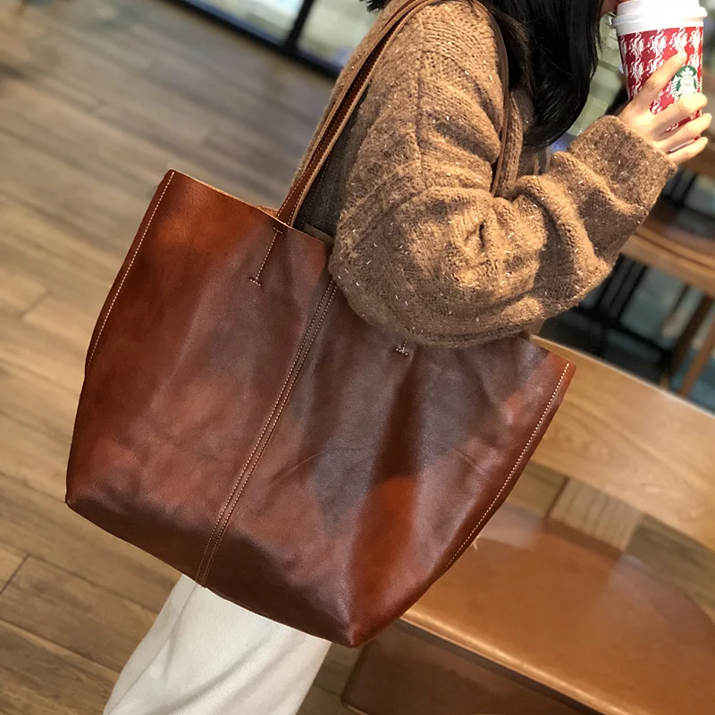 

Casual Tote Women Genuine Leather Hanbag Cow Leather Vintage Large Capaticty Shoulder Bag Work Travel Fashion High Quality