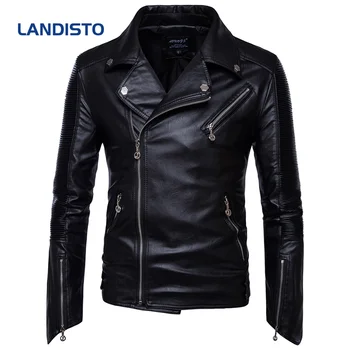 

LANDISTO men clothing Motor style men jacket leather jacket men Stand-up collar mens leather jacket
