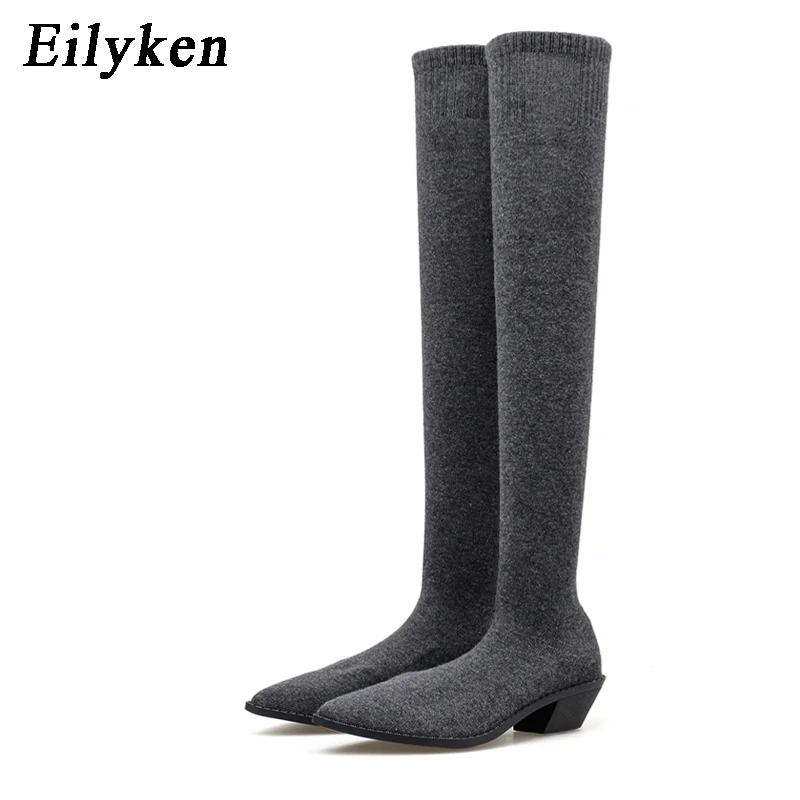 Eilyken/эластичные сапоги; женские ботфорты; обувь для вечеринок; женская обувь на низком каблуке; женская обувь с острым носком; коллекция года; сезон зима
