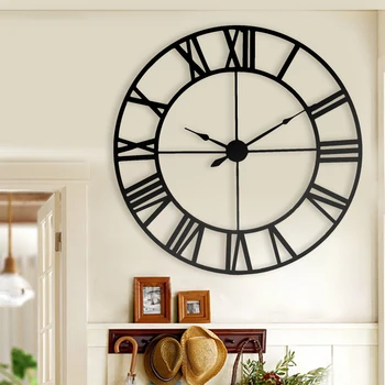 

New 80 cm Modern 3D Large Retro Black Iron Art Hollow Wall Clock Roman Numerals Home Decor Clock on the wall clock