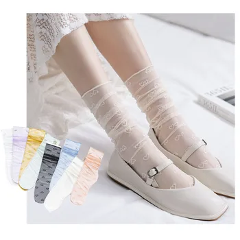 

2020 Spring Korean Fashion Solid Hllow Out Net Women Socks Love Patterned Transparent Ankle Heap Socks For Female Breathable Sox