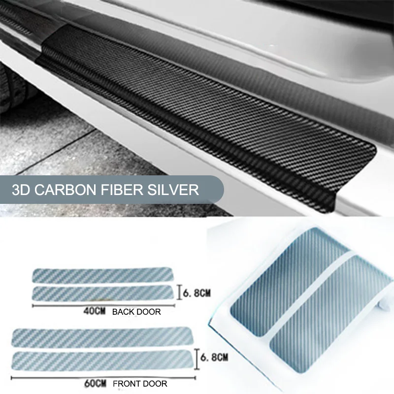 Silver Универсальные 4 шт. 3D карбоновые накладки на пороги, защитные полоски, защита от царапин для автомобильных наклеек, аксессуары - Название цвета: Silver