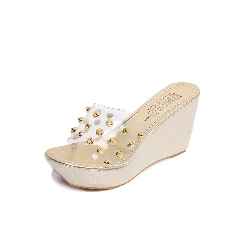 

2018 Summer New Style WOMEN'S Slippers Female Summer Fashion Outer Wear round-Toe Slanted Heel Rivet Straight Line WOMEN'S Shoes