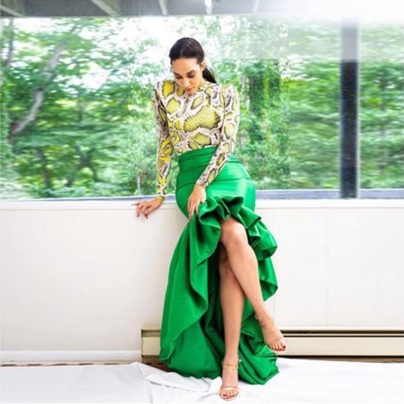 Falda de sirena verde esmeralda para mujer, falda de cintura volantes, parte inferior elegante, larga, para fiesta, asimétrico|Faldas| - AliExpress