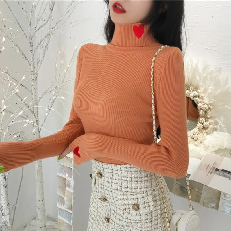 Slim Cotton Turtleneck Sweaters for Women Love Heart Print Neck Long Sleeve Lady Pullover Autumn Warm Female Jumper | Женская одежда