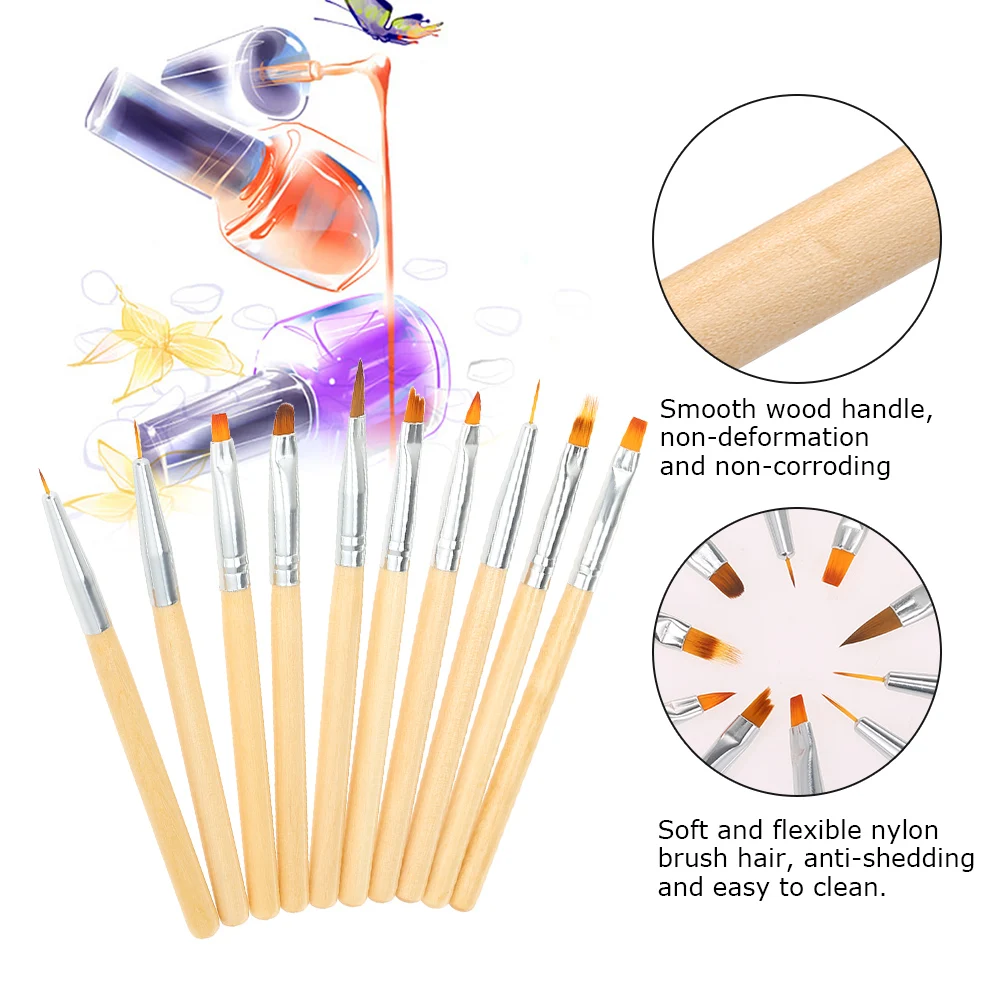10pcs/set Nail Art Brush Gradient Painting Drawing Carving Pen Linner Wood Handle UV Gel Nail Art builder Brushes
