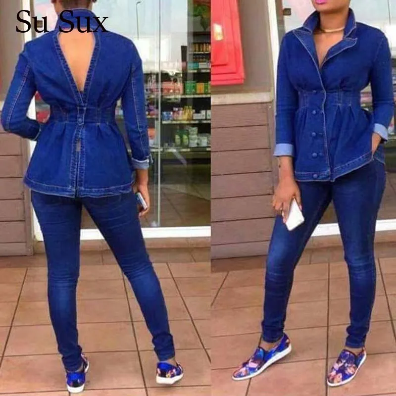 2020 New Casual Jeans Suit Women Denim Two Pieces Set V-Neck Long Sleeve Jeans Top&Long Pants Slim Tracksuit Outfits High Qualit 2020 New Casual Jeans Suit Women Denim Two Pieces Set V-Neck Long Sleeve Jeans Top&Long Pants Slim Tracksuit Outfits High Qualit