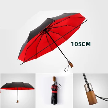 

Solid Wood Handle Automatic Umbrella 3 Folding Oversized Double Windproof Men Women Ten Bones Reinforce Student Sunny Umbrella