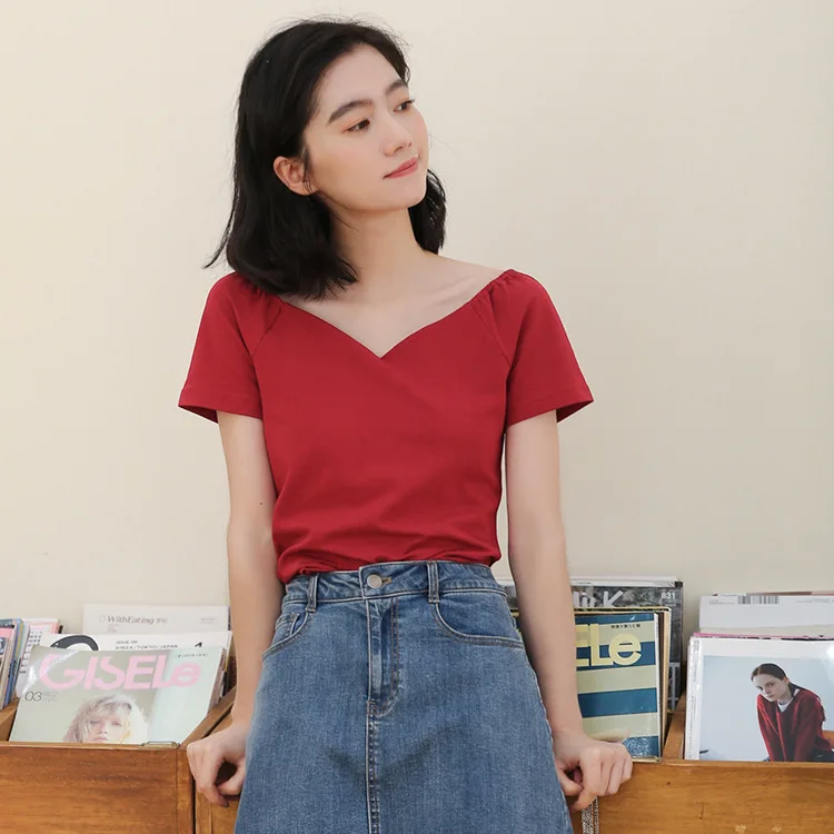 

2019 Summer New Style Korean-style Charade Exposed Back Expose Clavicle Sweetheart Neckline Solid Color Slimming Short Sleeve T-