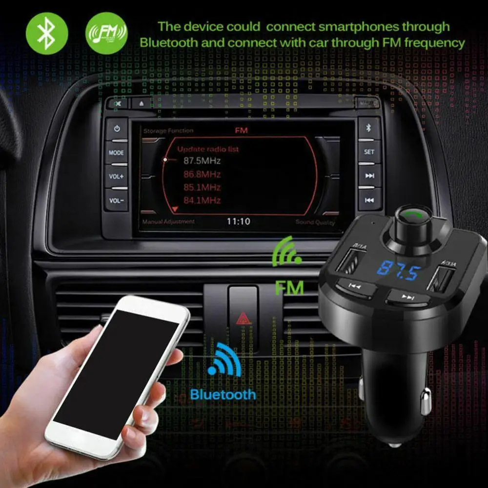 Автомобильный комплект громкой связи, Bluetooth, беспроводной fm-передатчик, ЖК-дисплей, mp3-плеер, USB зарядное устройство, автомобильные аксессуары, аудиокабель с кабиной для передачи данных