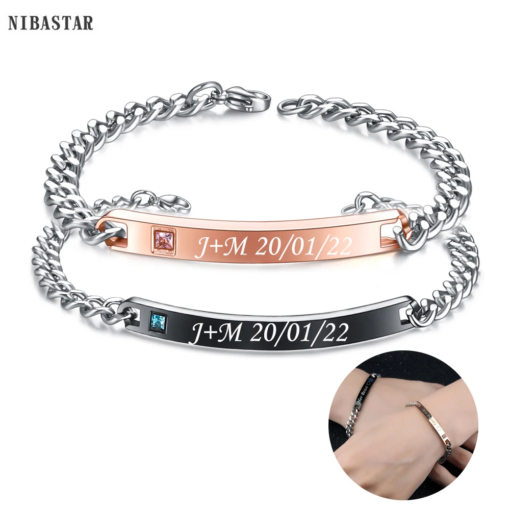 NIBASTAR Custom Engrave Name Date Couple Bracelet Stainless Steel Personalized Adjustable Chain Jewelry For Valentine Gift