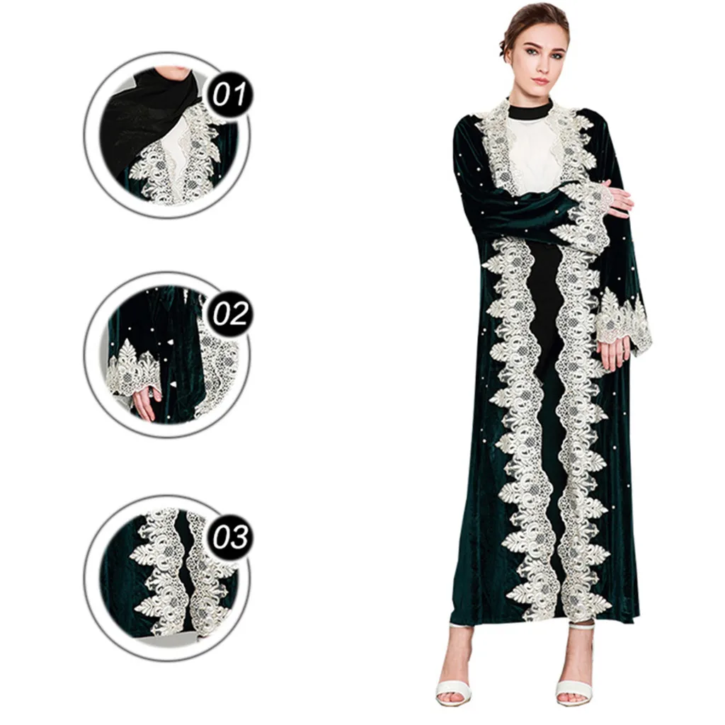 Абая для женщин Дубай мусульманский Дубай грот maten dames kleding открытый передний кафтан кардиган золотой бархат кружева халат# y2