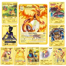 Tarjetas de Pokémon de Metal para niños, tarjetas coleccionables de Pikachu Charizard, edición limitada dorada, regalo para niños