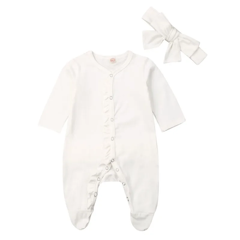 Белый Emmababy, 2 предмета, для новорожденных, для маленьких мальчиков и девочек, с длинными рукавами, хлопок, на пуговицах, Детский комбинезон с повязкой-бантом, осенняя одежда - Цвет: Белый