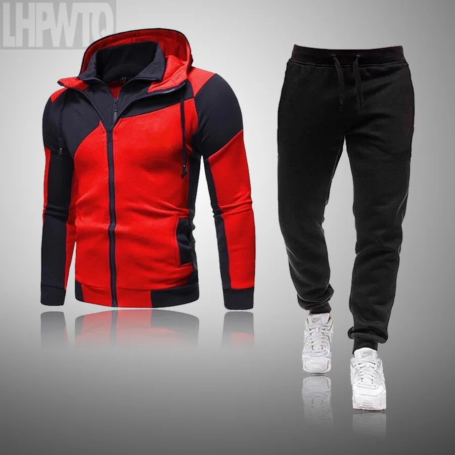

Spring and Autumn Men's Two-piece Sportswear Long Sleeve Top with Hood + Outdoor Sports Pants Sportswear Zipper Shirt Set