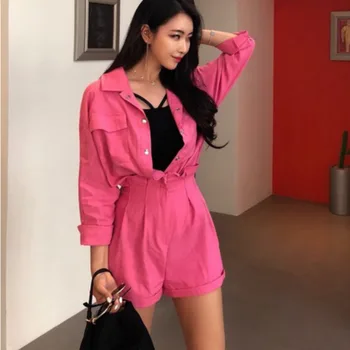

DEAT 2020 turn-down collar three quarter sleeves single breasted spliced shirt and shorts high waist summer hot two pieces set