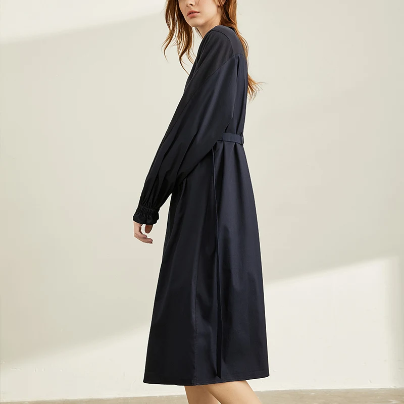 Amii минимальное Повседневное платье в западном стиле Осень Новое свободное платье средней длины с круглым вырезом - Цвет: Navy Blue
