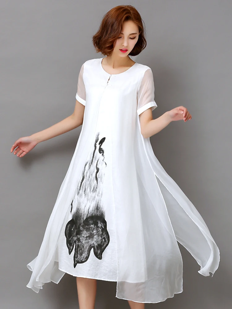 Large size M-3XL Add fertilizer to increase the new cotton and linen spell silk chiffon retro improved cheongsam dress - Color: White