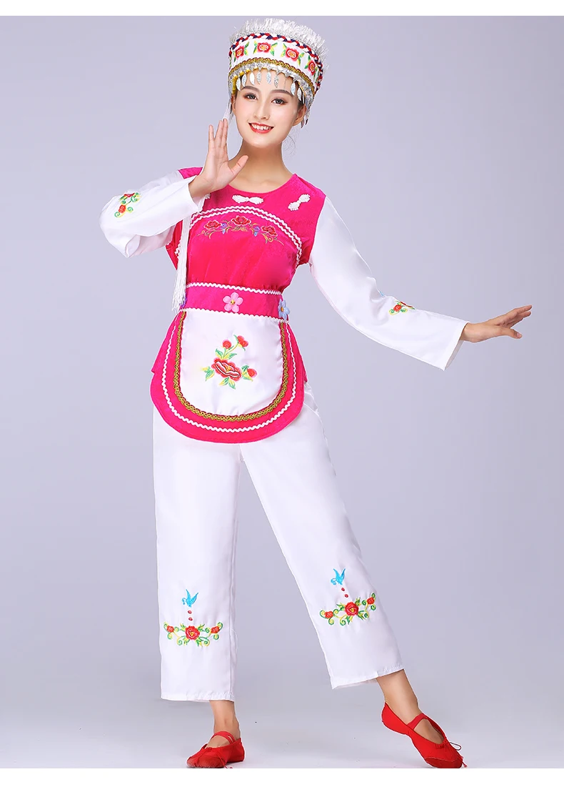 Chinese Folk Dance Costume Bai Dance Clothing Children Performing Service Girl National Dancewear with Headress and Apron