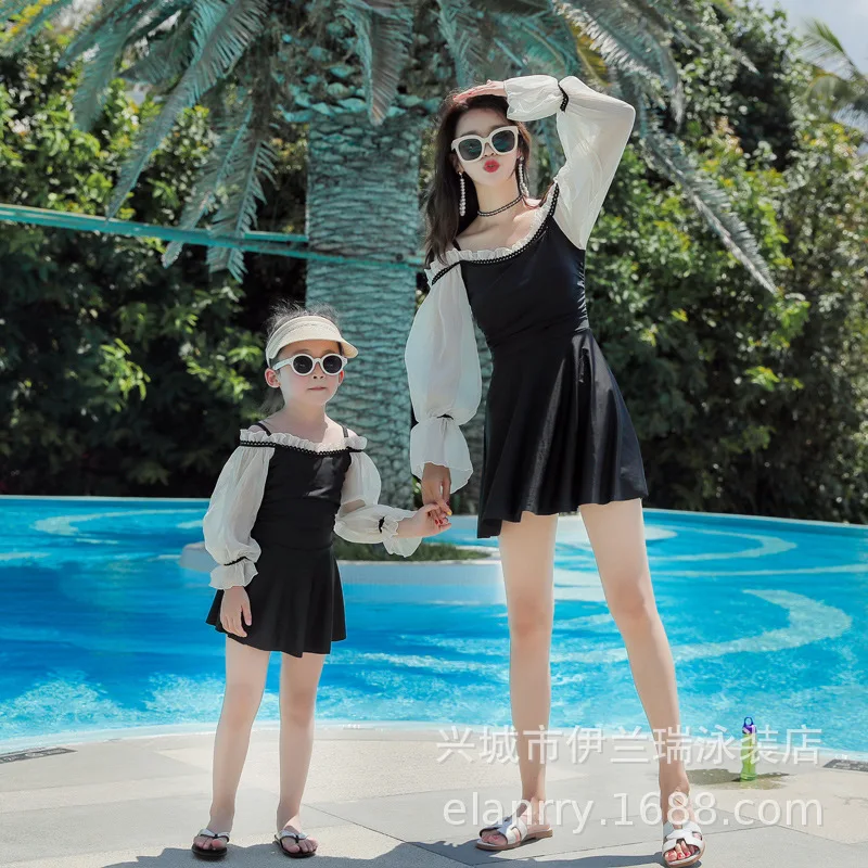 

2019 South Korea New Style KID'S Swimwear Women's Dress-GIRL'S Swimsuit Long Sleeve Skirt-Mother & Daughter Parent And Child Tou