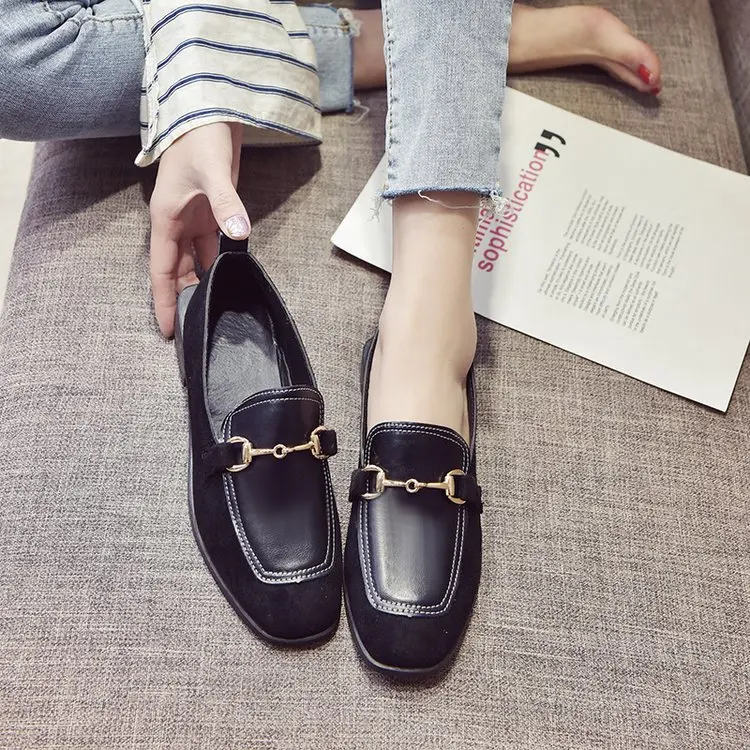 

2019 Spring And Summer New Style Casual Korean-style Leather Shoes Fashion Flat Square Head Shallow Mouth Single Shoes Metal Buc