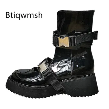 

Punk Style Motorcycle Boots Women Round Toe Silver Buckle Cut Out Thick Bottom Short Boots Female Fashion Ankle Boots