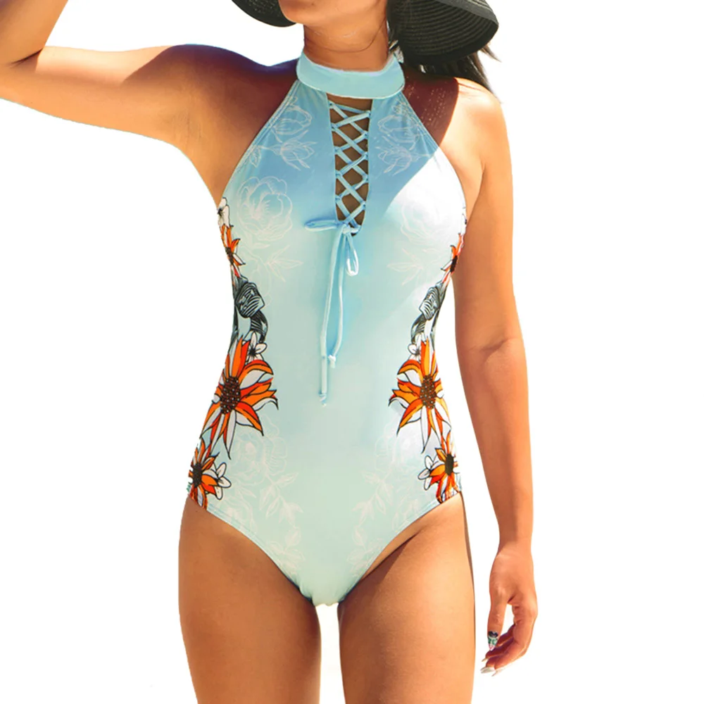 Сексуальный бандажный Цельный купальник с цветочным принтом 2018 летний купальный