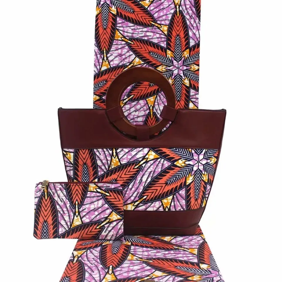 

3pc Set Purple Ankara bag +African Print Zipper Pouch Matching 6yards Ankara Wax Print Fabrics For African Wedding YBGB-39