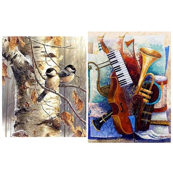 

HOT 2 Set DIY Diamond Painting 3D Diamond Embroidery Cross Stitch Needlework Home Decor Gift, Birds & Musical Instrument