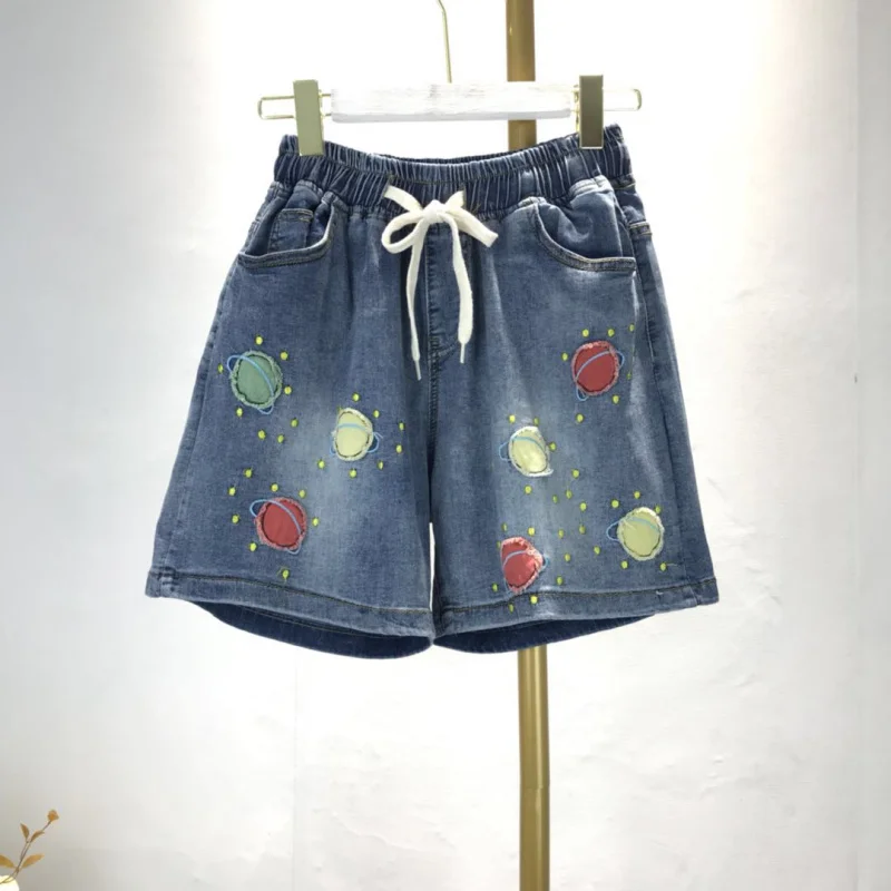 

Lace-up Elastic Waist Embroidered Denim Shorts Female 2020 Summer New Loose Loose Slim Wide-legged Wild Five-point Jeans