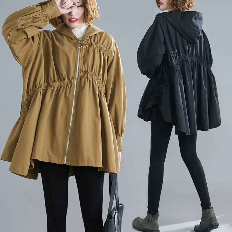 [EWQ] осень зима узор с капюшоном воротник с длинным рукавом Твердые Лоскутные складные винтажные ветровки пальто для женщин 19C-a136-01-0