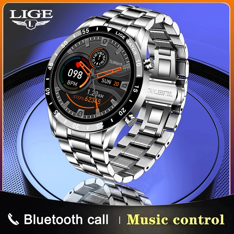 LIGE 2021 Full circle touch screen steel Band luxury Bluetooth call Men smart watch Waterproof Sport Activity fitness watch+box