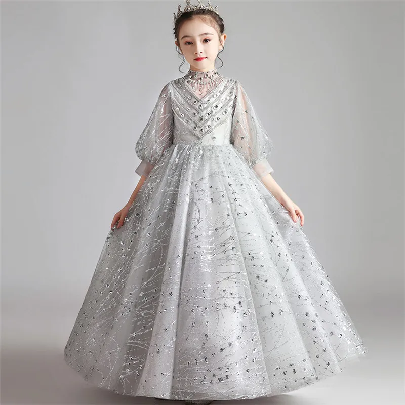 Высокое качество; Детские костюмы серебристого цвета с блестками; платье принцессы для девочек-подростков; элегантное вечернее платье на день рождения