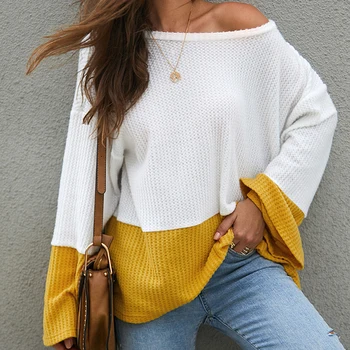 

2020 Round Collar Loose Horn Sleeve A Bottom Contrast Color Stitching Long Sleeve Sweater For Women Polyester Hot