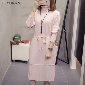 

Casual Knitted Sweater Dress Women New Arrival 2020 Autumn Long Sleeve Turtleneck A-Line Pleated Dresses Winter Clothes Vestidos