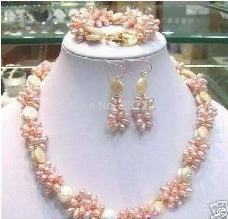 Цена afashion белая монета розовый пресноводный жемчуг ожерелье набор(A0423