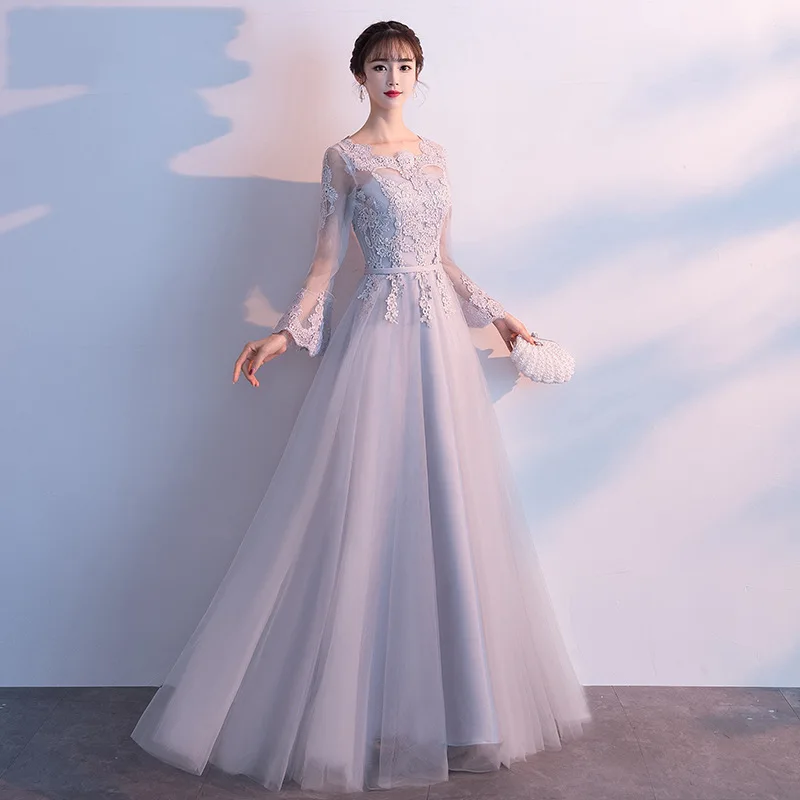 

Gray Womens V-Neck Lace Long Party Dress Fashion V-Neck Evening Prom Flare Sleeve Elegant Prom Mesh Vintage Gown Vestido XS-3XL