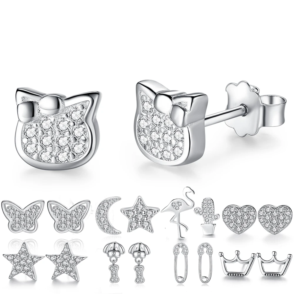 Модные ювелирные изделия, 925 пробы, серебряные серьги-гвоздики для женщин, свадебные, элегантные, кубический цирконий, кристалл, корона, сердце, кошка, серьги