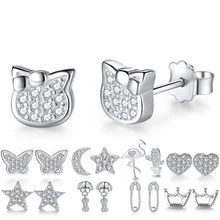 Модные ювелирные изделия, 925 пробы, серебряные серьги-гвоздики для женщин, свадебные, элегантные, кубический цирконий, кристалл, корона, сердце, кошка, серьги