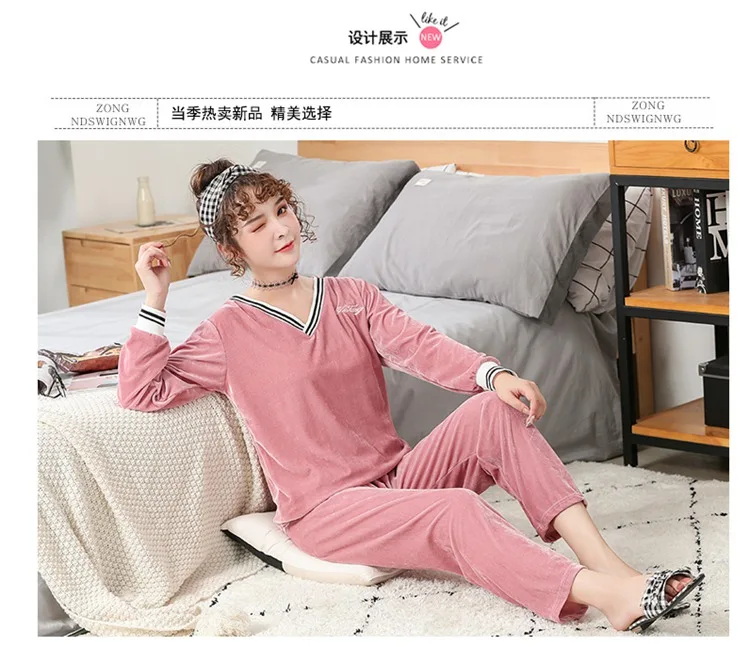 2019 осенние корейские Бархатные пижамы золотого цвета с v-образным вырезом для женщин, одежда для сна с длинным рукавом, домашняя пижама