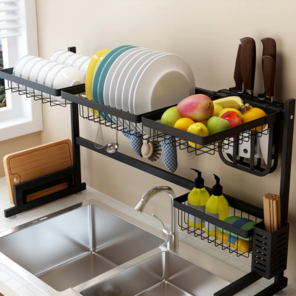 

Countertop Organizer Over Sink Utensils Holder Kitchen Shelf Organizer Dish Drying Rack with Draining Board Chopsticks Holder