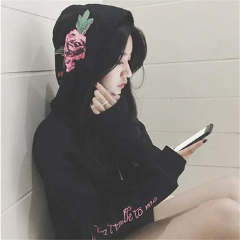 

Women flower embroider Long Sleeve Hoodies Sweatshirts Casual Zipper Jacket Hooded Tops Female girls Autumn Winter Black Hoodies