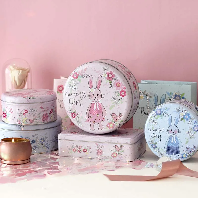 Cartoon Rabbit Round Empty Tin Box, Gift Storage Case