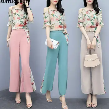 

Suitlionbutf 2020 Summer Chiffon Two Piece Set Soft Floral Print T Shirt Elastic Waist Wide Leg Pants Ropa Mujer Ensemble Femme