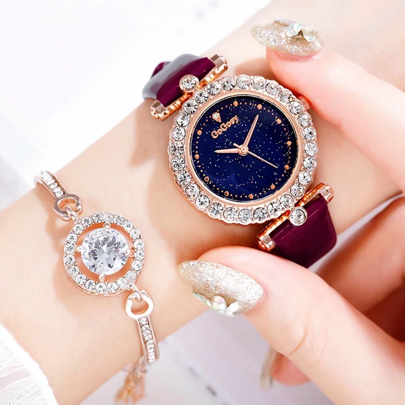 Purple With Bracelet Женские часы с бриллиантами, Роскошные, Звездные, браслет, ювелирные изделия, платье, часы, набор, модные, женские, кожа, кварцевые часы Zegarek Damski - Цвет: Purple With Bracelet